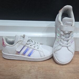 Adidas Kids White Sneakers with Shimmer Stripes Size 12